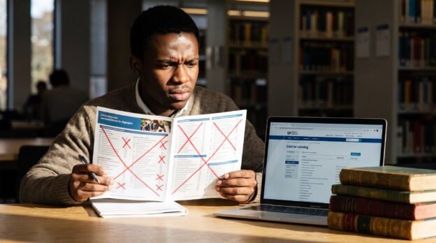 Étudiant africain comparant des brochures de formations universitaires en Belgique pour éviter les erreurs de choix