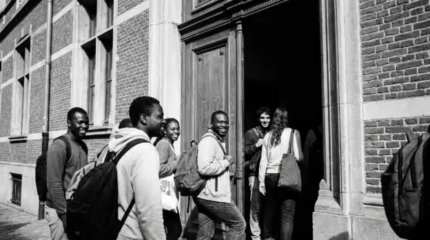 Groupe d’étudiants internationaux entrant dans un établissement d’enseignement supérieur en Belgique