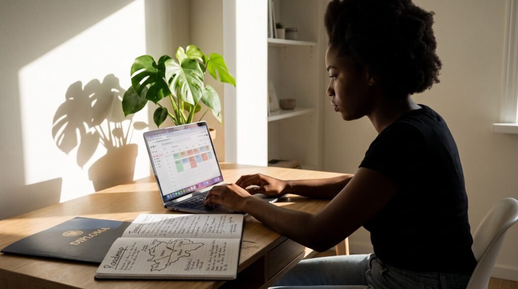 Étudiante africaine construisant son plan d’études en Belgique avec ordinateur, diplômes et carnet